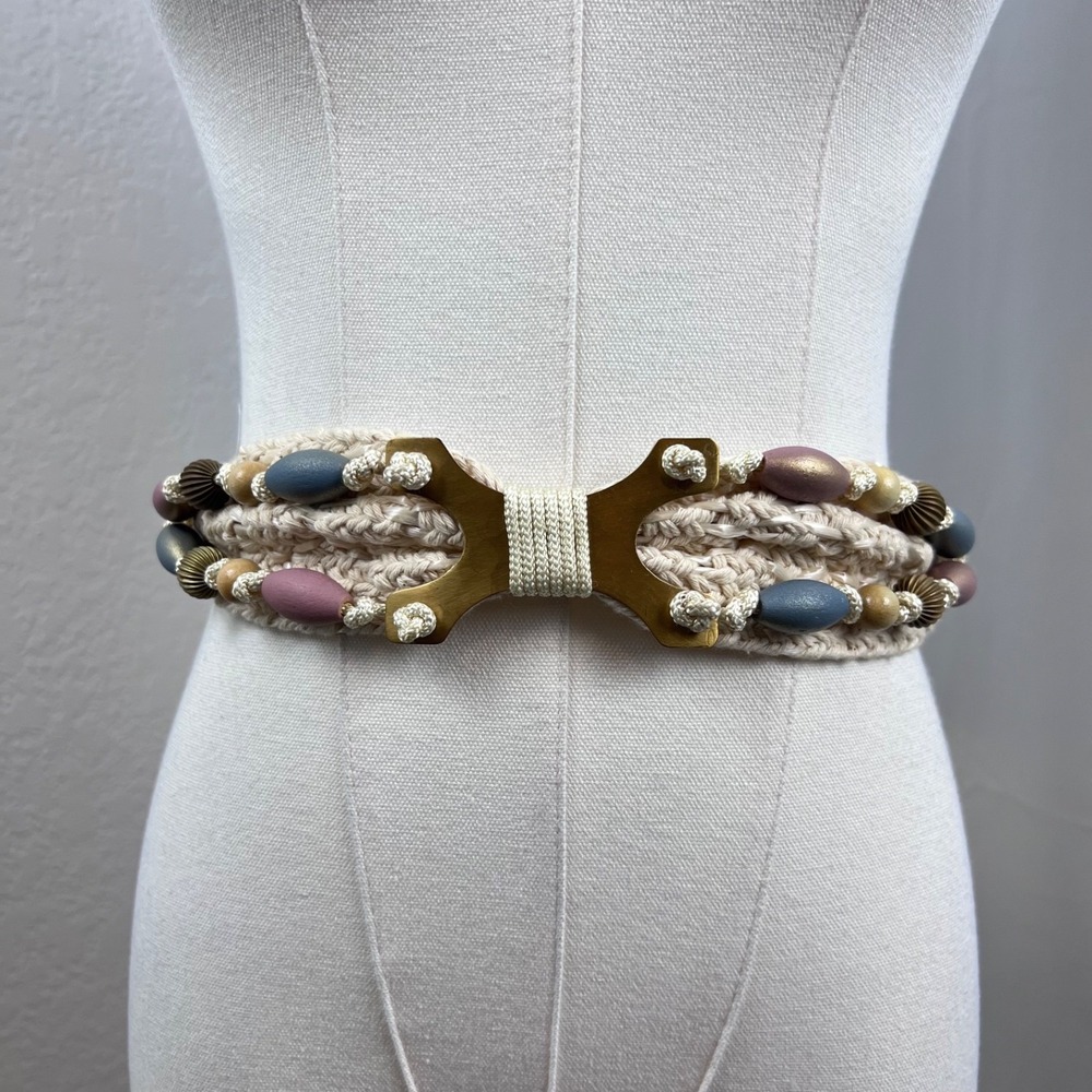 Vintage Y2K Braided Cord Belt Beaded Wood Beads Festival Boho Hippie Earthy